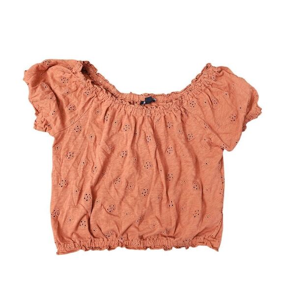 American Eagle Crop Top Womens Small Rust Burnt Orange Eyelet Blouse Boho - Picture 1 of 8